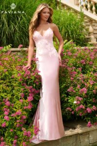 You will look stunning and fabulous in this light pink stretch satin dress, featuring a ravishing beaded lace applique, both front and back, a V-neckline, and an open back with criss cross straps - perfect for a night of twirling and dancing!