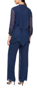 This 3-piece wedgewood color, chiffon and lace pantsuit, with elongated cascade detail jacket combines a lace scoop neck tank, straight leg pant and elongated cascade detail jacket, creating a graceful look while keeping you comfortable. The breathable, flowy fabrics provide exceptional ease of movement and flexibility. Everything you need in one stylish pantsuit.