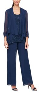 This 3-piece navy blue pantsuit combines a lace scoop neck tank, straight leg pant and elongated cascade detail jacket, creating a graceful look while keeping you comfortable. The breathable, flowy fabrics provide exceptional ease of movement and flexibility. Everything you need in one stylish pantsuit.
