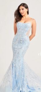 This light blue mermaid style prom dress features beautiful beading, embroidered tulle, sequins and adjustable shoulder straps. The waist sides of the dress feature mesh insert and an open back.