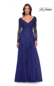 This beautiful V-neck marine blue colored A-line tulle dress the Mother of the Bride / Groom features lace applique that elegantly covers the dress. The sheer illusion long sleeves a back zipper closure complete the design of this stunning dress.