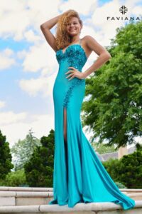 Faviana Prom Dress 11206 in peacock color.