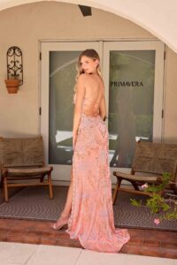 Primavera Prom Dress 4156 in coral color. (shown, dress back)