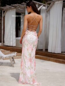 Primavera Prom Dress 4156 in ivory/coral color. (shown, dress back)