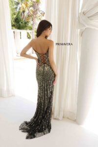 Primavera Prom Dress 4301 in black gold color. (shown, dress back)