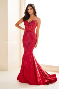 Ellie Wilde Prom Dress EW36001in ruby color.