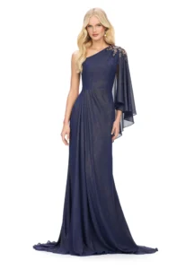 ASHLEYlauren Mother of the Bride / Groom Dress 11701 This elegant one shoulder chiffon dress design features a cascading ruffle sleeve with beaded details. Shown in navy blue color.