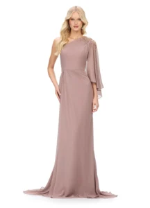 ASHLEYlauren Mother of the Bride / Groom Dress 11701 This elegant one shoulder chiffon dress design features a cascading ruffle sleeve with beaded details. Shown in taupe color and also available in navy blue.
