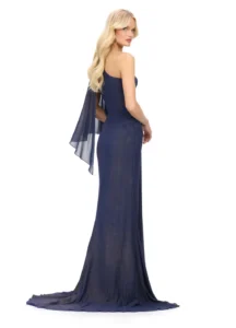 ASHLEYlauren Mother of the Bride / Groom Dress 11701 This elegant one shoulder chiffon dress design features a cascading ruffle sleeve with beaded details. Shown in navy blue color.