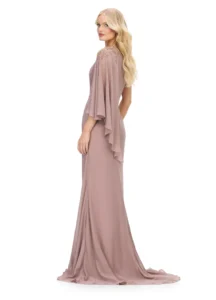 ASHLEYlauren Mother of the Bride / Groom Dress 11701 This elegant one shoulder chiffon dress design features a cascading ruffle sleeve with beaded details. Shown in taupe color and also available in navy blue.