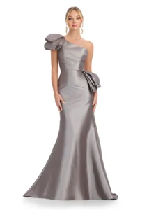 ASHLEYlauren Social Dress 11722 This silver one shoulder taffeta fitted mermaid dress features ruffle and rouched bustier details on the hip and neckline.