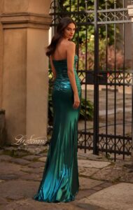 Stunning metallic jersey dress with ruching and a straight neckline. Back zipper closure.