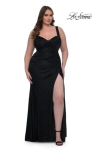 La Femme Prom Dress 32991 Stylish and unique, this plus size metallic net jersey curve dress features a gorgeous bodice and skirt slit, along with back zipper closure.