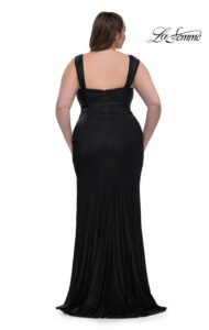 La Femme Prom Dress 32991 Stylish and unique, this plus size, black metallic net jersey curve dress features a gorgeous bodice and skirt slit, along with back zipper closure. This beautiful dress is also available in a bronze color as well. 