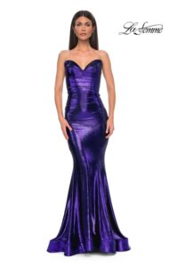 La Femme Prom Dress 32995 Exquisitely fitted, this indigo colored mermaid dress features brushed metallic jersey fabric with strapless draped neckline and lace up back. Back zipper closure. Also available in a mocha color as well. 