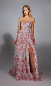 Dress shown in blue/white and is also available in lilac/white and pink/white.