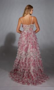 This gorgeous A-line dress features a beautiful floral print with a corset and ruffles.