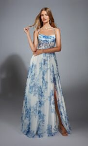 Dress shown in blue/white and is also available in lilac/white and pink/white.