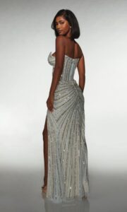 Dress shown in silver/sand and is also available in blue iris/silver, black/gold, and cobalt/raspberry.