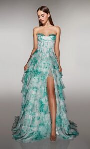 Dress shown in soft jade and white and is also available in fuchsia and white, light blue and white bright purple and white and yellow and white.