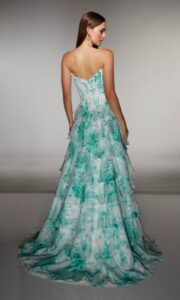 Dress shown in soft jade and white and is also available in fuchsia and white, light blue and white bright purple and white and yellow and white.