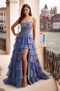 Dress shown in slate and also available in other colors: black, lavender magenta, and royal blue.